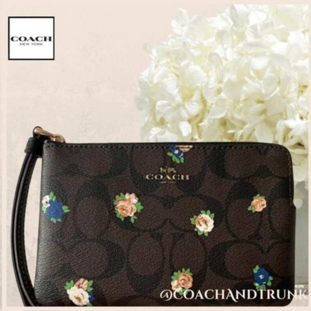 COACH Wristlet‎ Dark Brown Classic C with Vintage Mini Rose Print Gold Accents